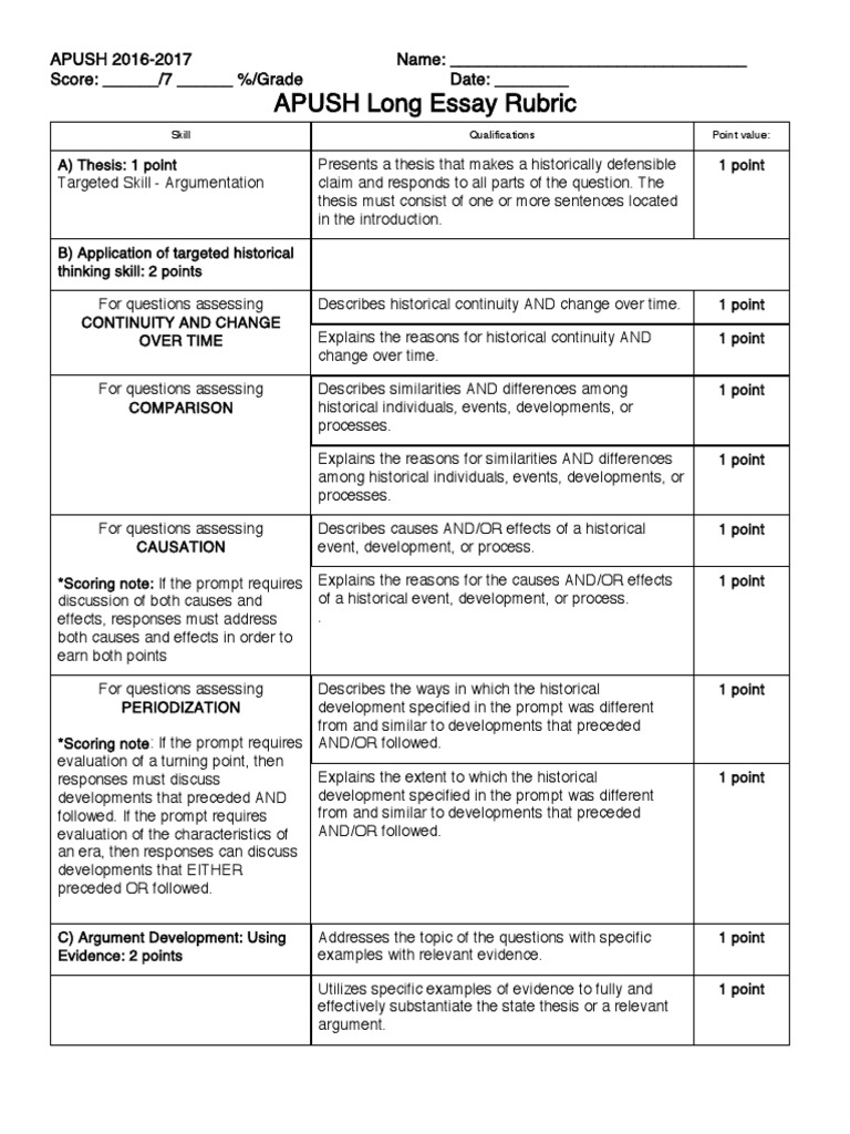 Apush Long Essay Rubric  PDF  Essays  Causality