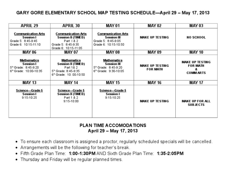Gary Gore Elementary MAP Testing Schedule | PDF