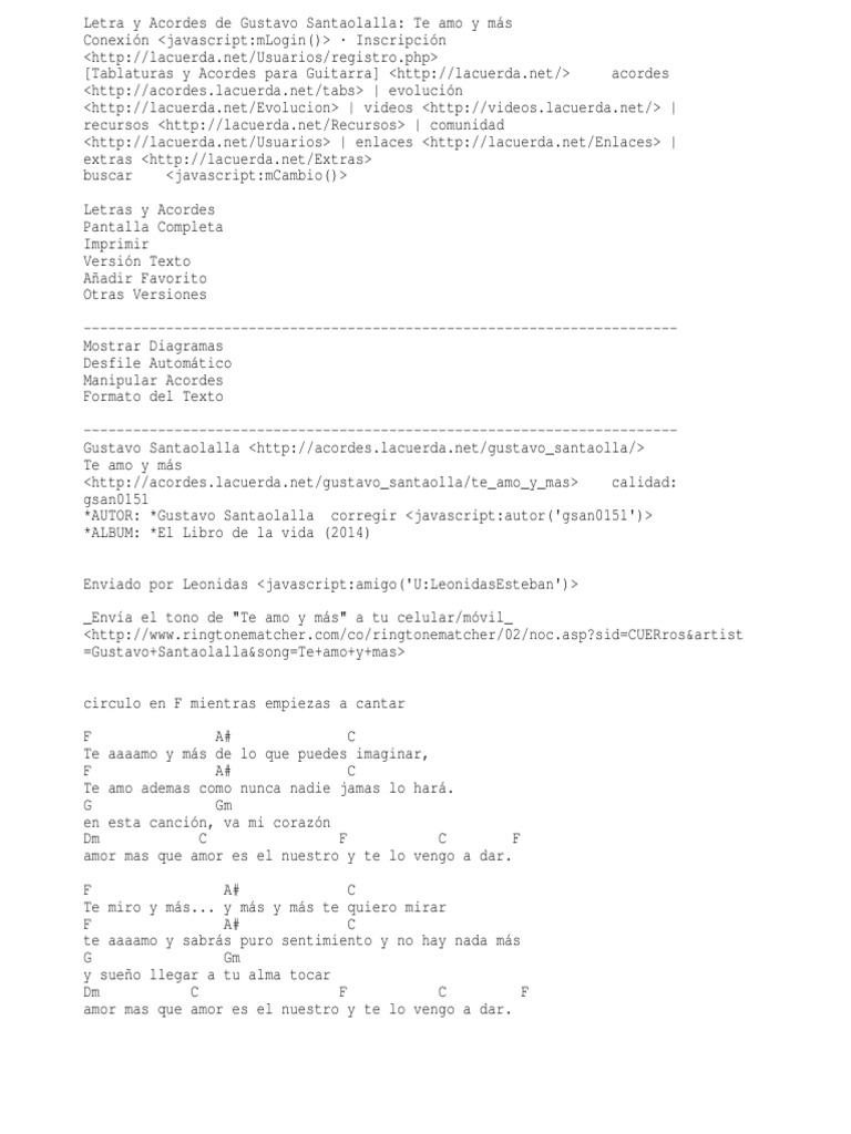 Gustavo Santaolalla, Te Amo y Más Letra y Acordesy Más Letra y
