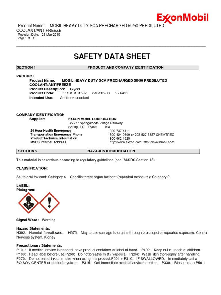 MSDS_MOBIL HEAVY DUTY SCA PRECHARGED 50/50 PREDILUTED Waste Chemistry