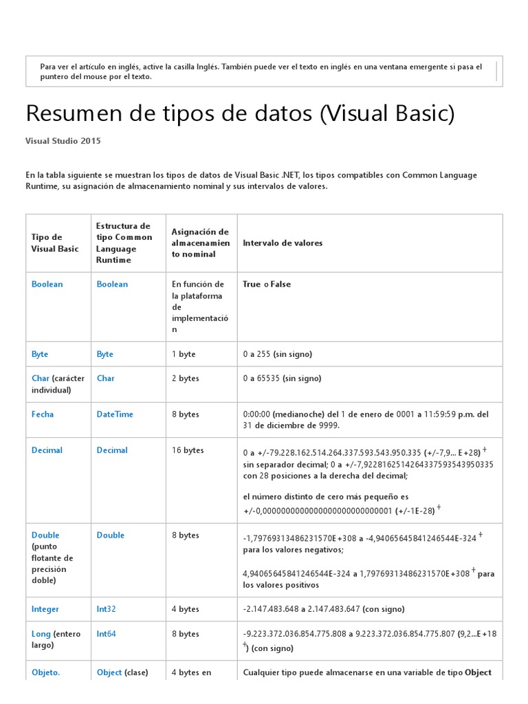 Resumen de Tipos de Datos (Visual Basic) Tipo de datos Poco Prueba gratuita de 30 días