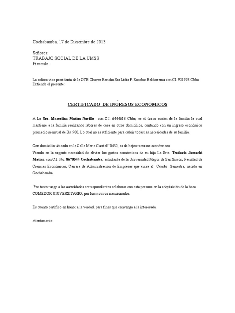 Certificado de Ingresos Economicos