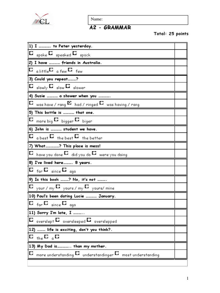 A2 Grammar Exercises and Quiz | PDF