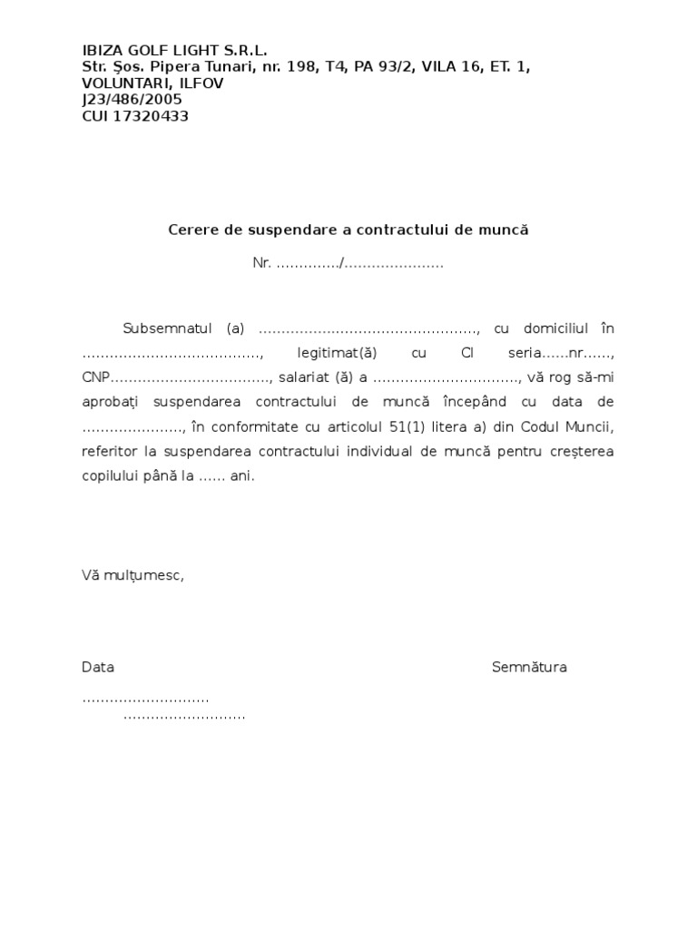 Model Cerere Suspendare Contract Pentru Concediu Crestere Copil