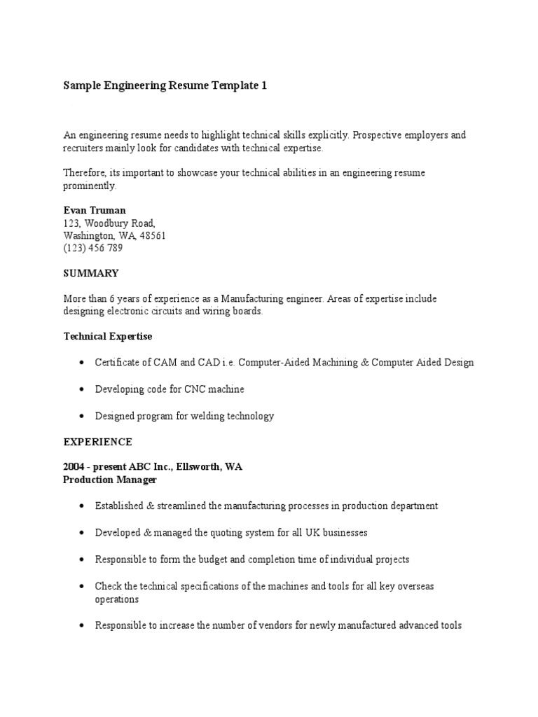 Sample Engineering Resume Template 1 | PDF | Engineer | Engineering