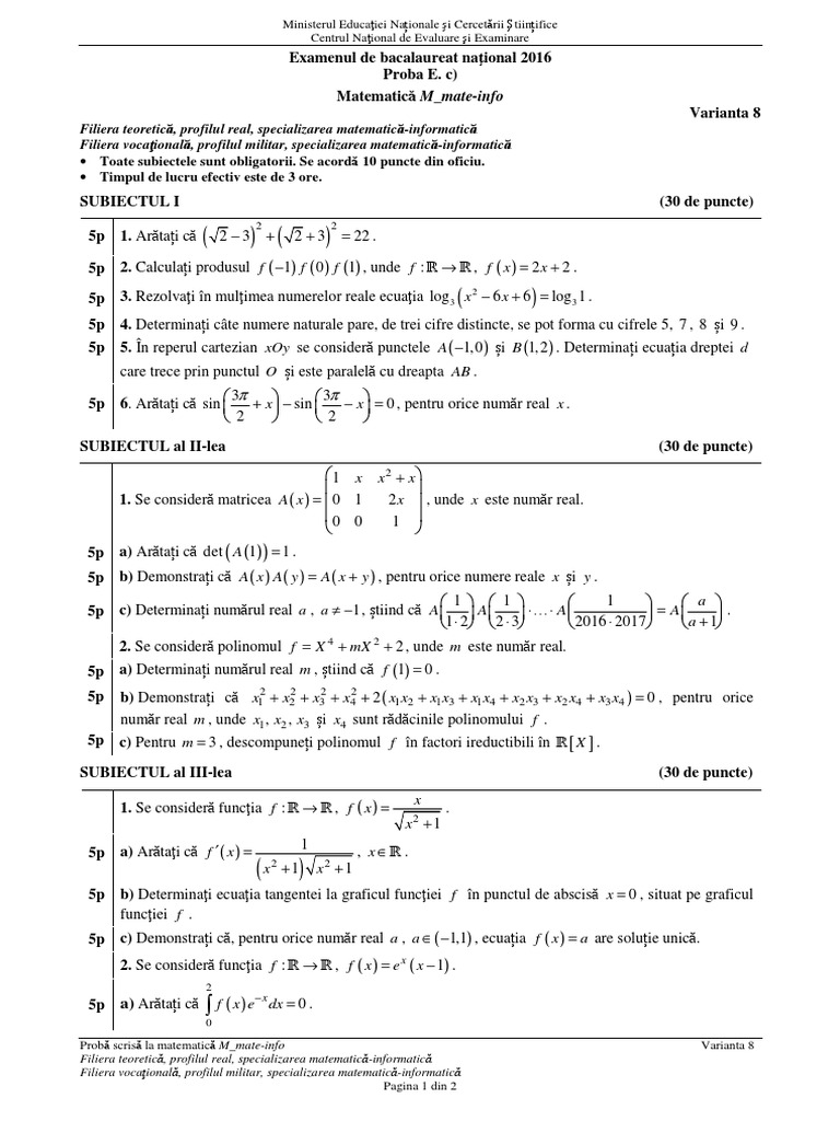 Subiecte Matematica 2016 | PDF