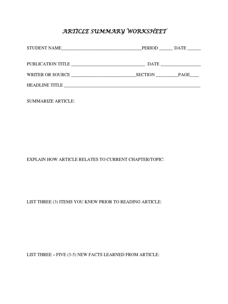 Article Summary Worksheet Template | PDF | Computers
