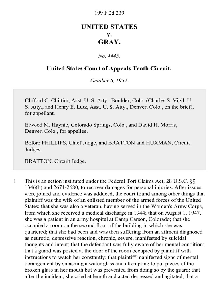 United States v. Gray, 199 F.2d 239, 10th Cir. (1952) Negligence Tort