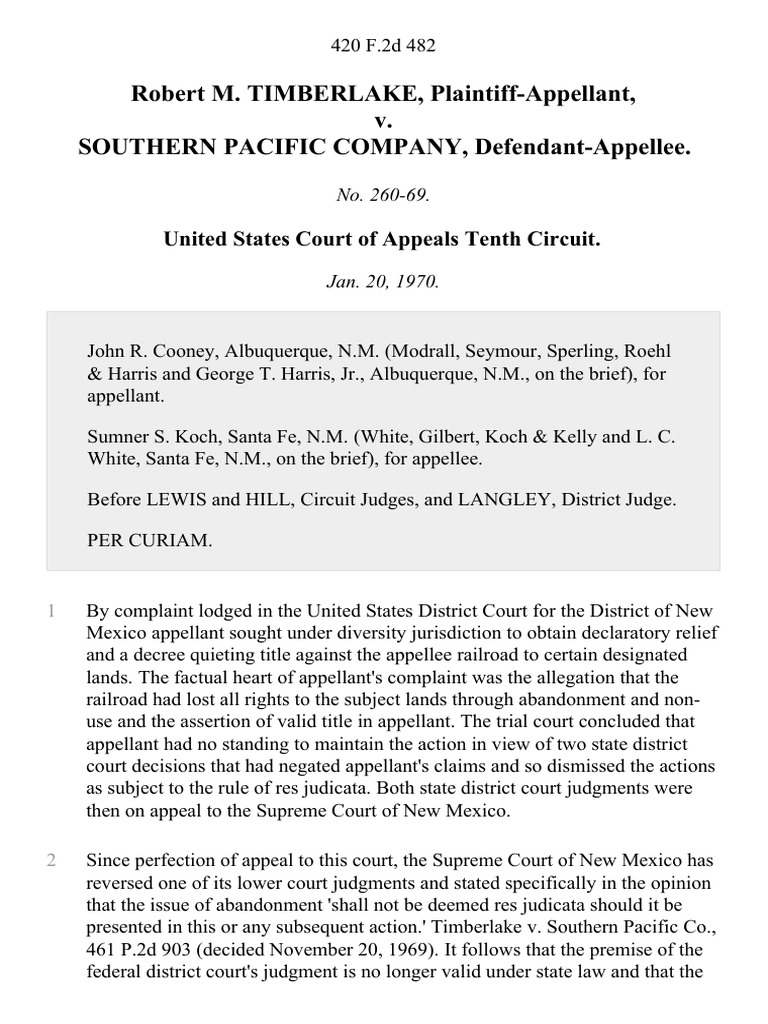 Robert M. TIMBERLAKE, Plaintiff-Appellant, v. SOUTHERN PACIFIC COMPANY ...