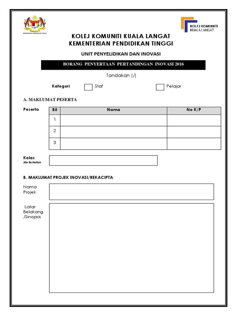 Borang Penyertaan Pertandingan Inovasi 2016  PDF