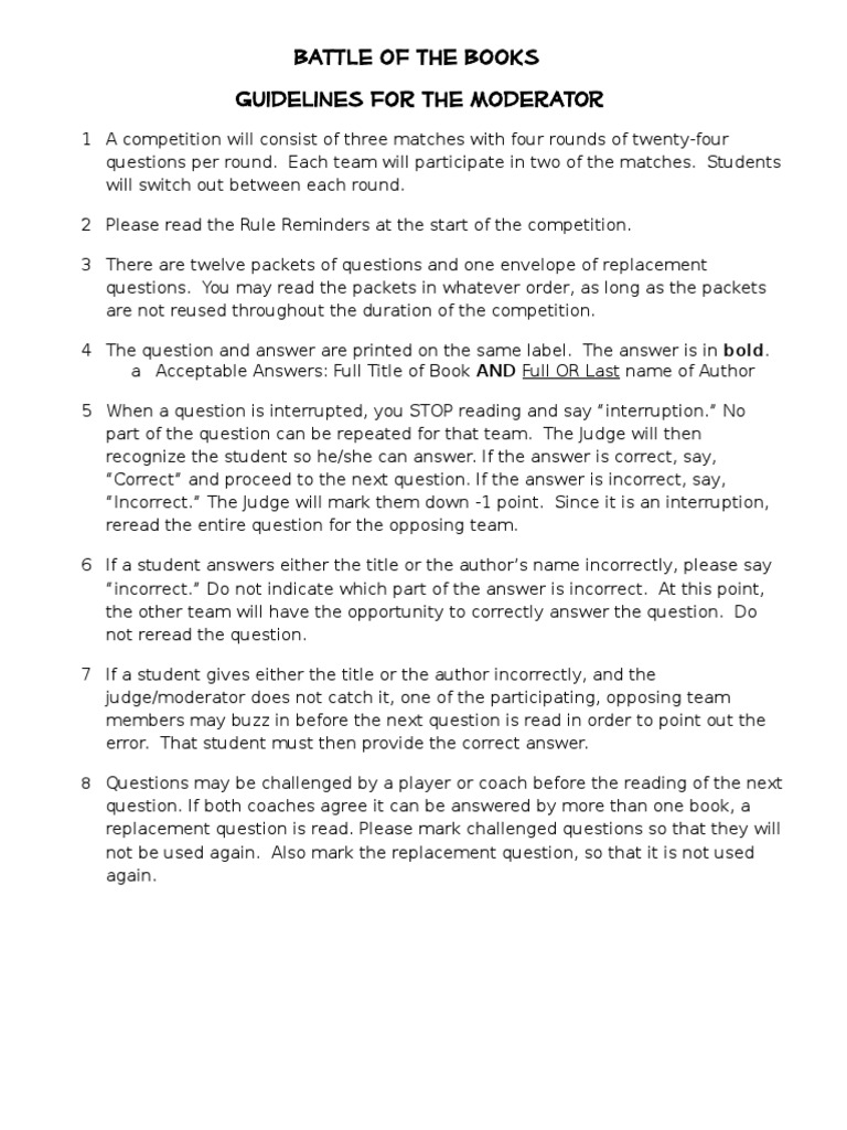 Battle of the Books Moderator Guidelines | PDF | Leisure