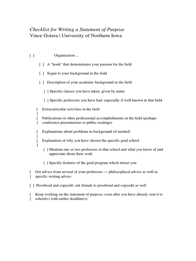 Checklist For Writing A Statement of Purpose | Schools