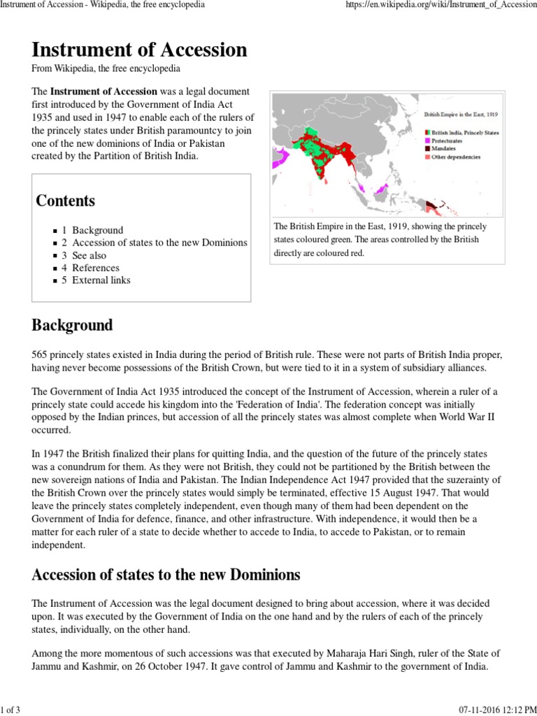 The Instrument of Accession Enabling Rulers of Princely States to Join