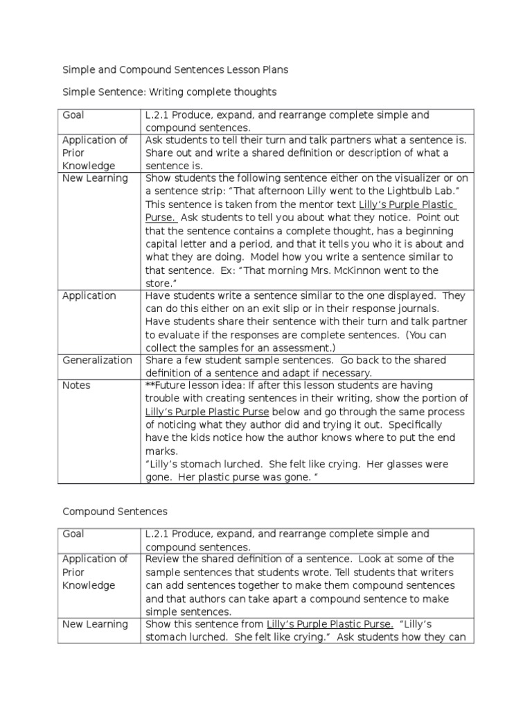 Simple and Compound Sentences Lesson Plans PDF Lesson Plan