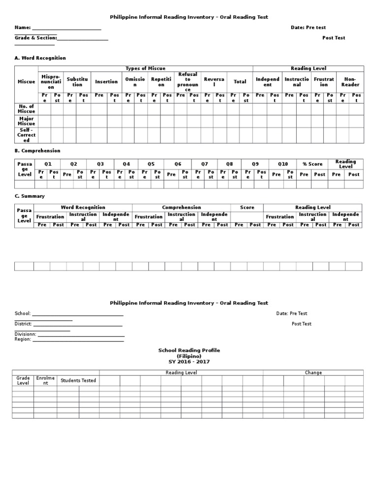 Philippine Informal Reading Inventory | PDF | Career & Growth