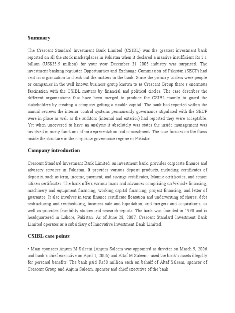 The Crescent Standard Investment Bank Limited PDF Investment