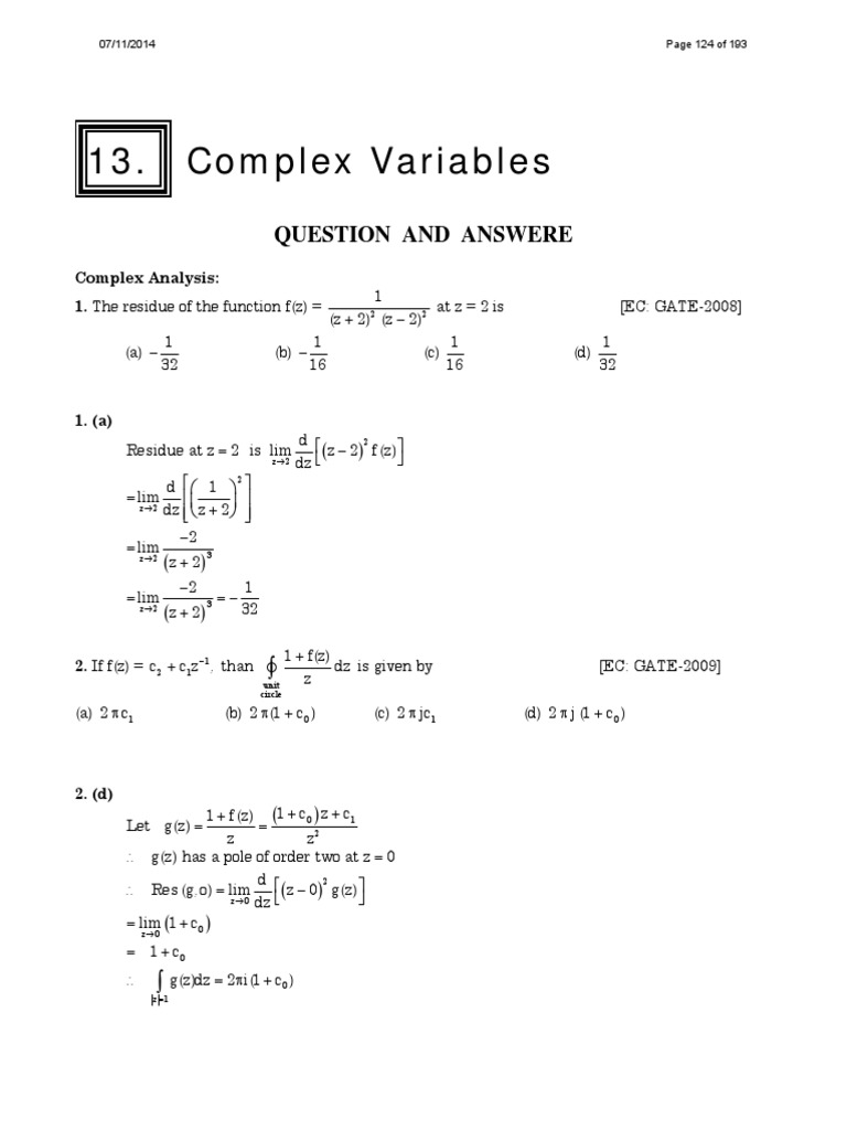 Analysis of complex variables and residues in evaluating definite