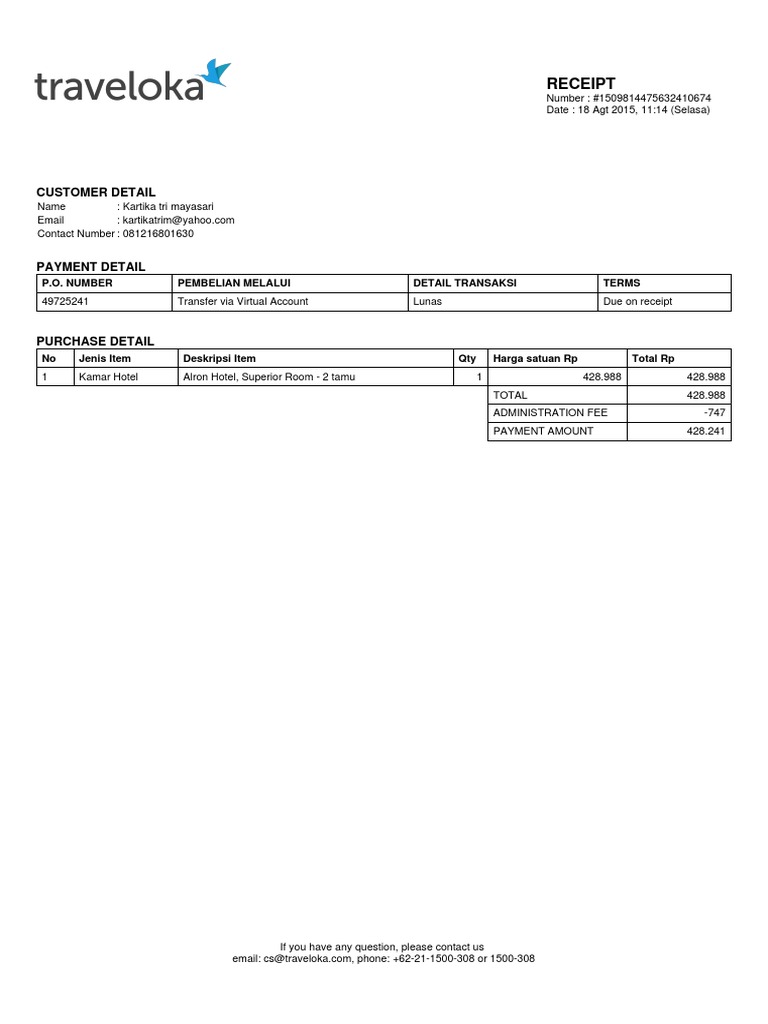 Traveloka Hotel Booking Receipt | PDF