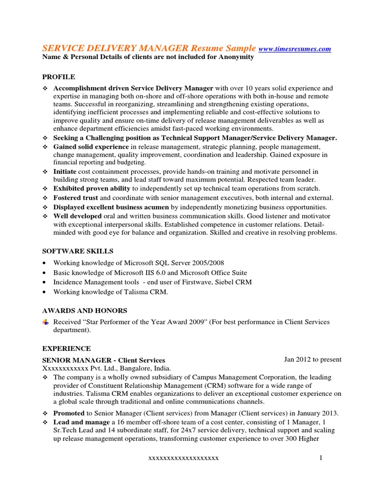 sample resume for service delivery manager