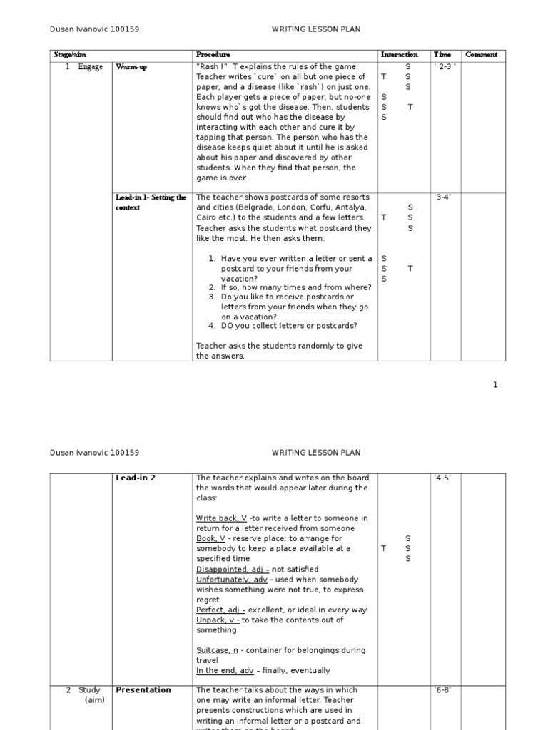 1 Engage: Stage/aim Procedure Interaction Time Comment Warm-Up ...