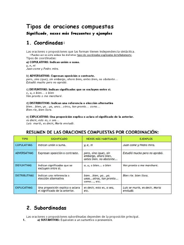 Tipos de Oraciones Compuestas | PDF | Oración (Lingüística) | Unidades ...