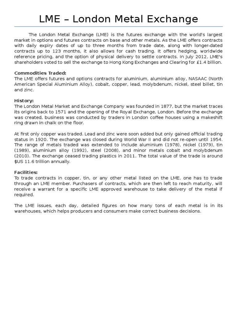 Lme London Metal Exchange Commodities Traded Pdf