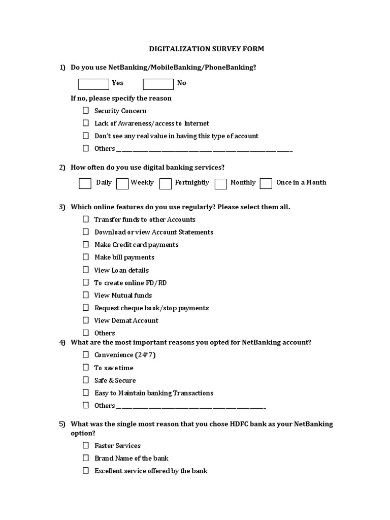 HDFC Questionnaire Digital Services PDF Payments Banks