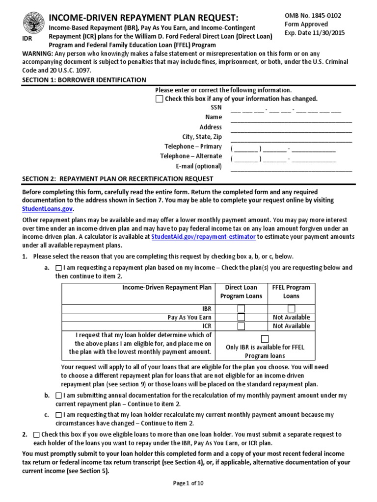 Income-Driven Repayment Plan Request Form | PDF | Student Loans In The ...