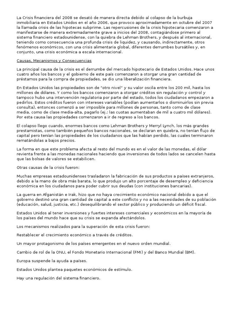 Causas y Consecuencias de la Crisis 2008 | PDF | Crisis financiera de ...