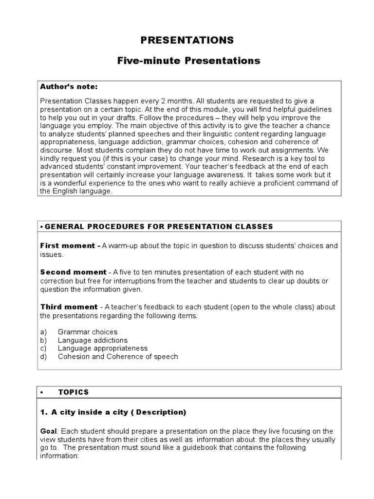 Five Minute Presentation Guidelines Pdf Sentence Linguistics