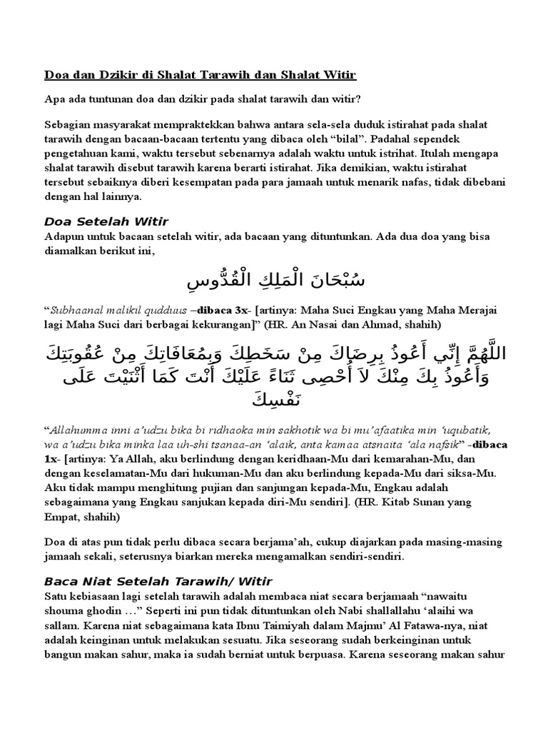 Doa Dan Dzikir Di Shalat Tarawih Dan Shalat Witir Pdf