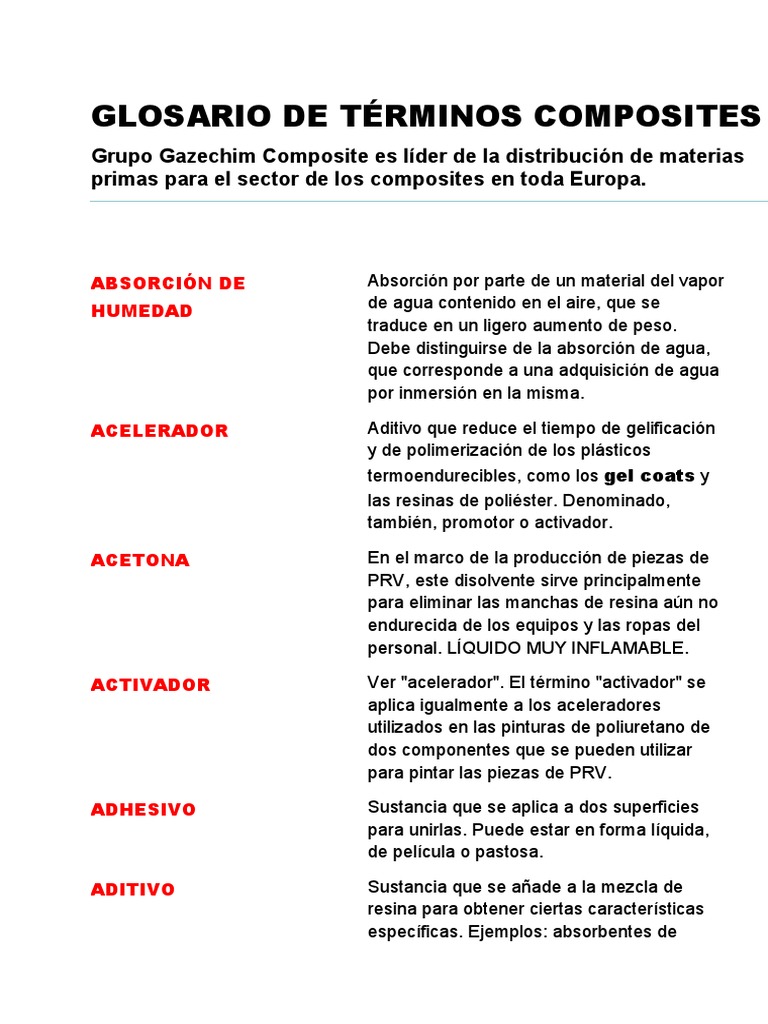 Glosario de Términos Composites | PDF | Polímeros | El plastico