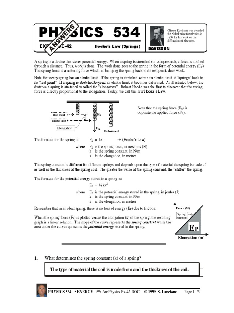 AnsPhysics Ex-42 Hooke's Law | PDF | Elasticity (Physics) | Force