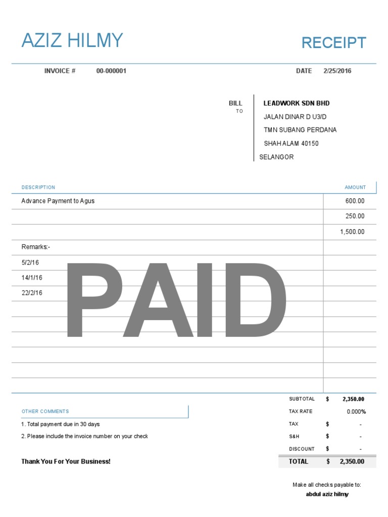 Invoice Receipt for Payment 00-000001 | PDF