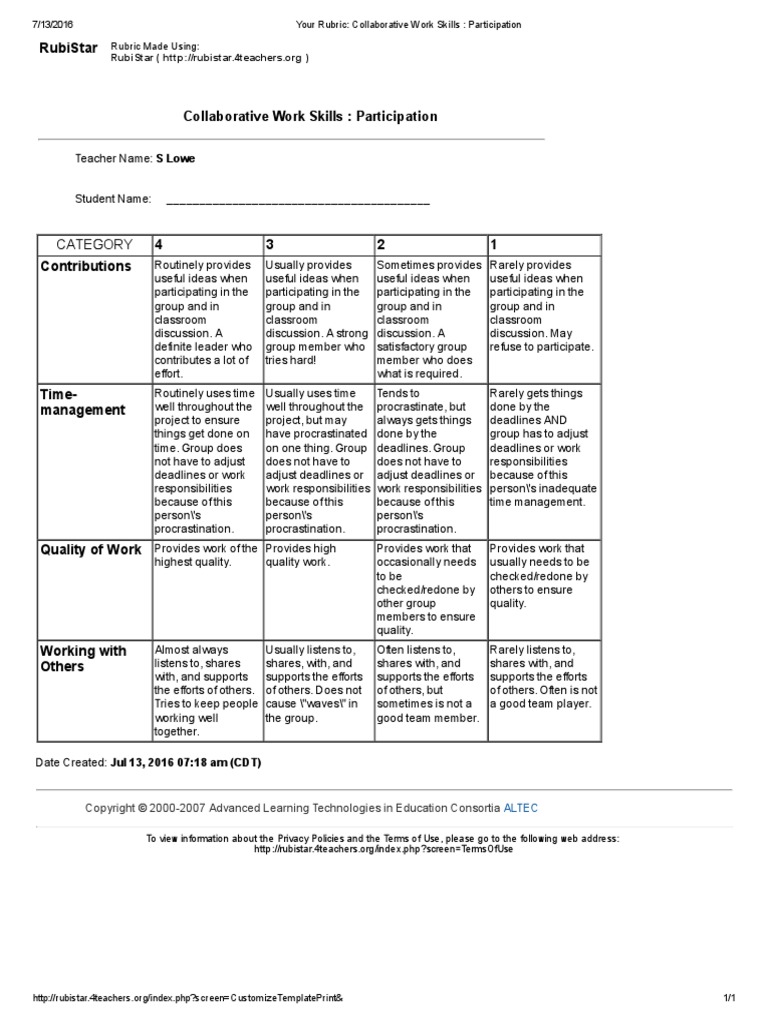 Your Rubric Collaborative Work Skills Participation | PDF | Career ...