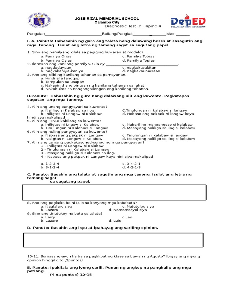 Diagnostic Test Filipino 4