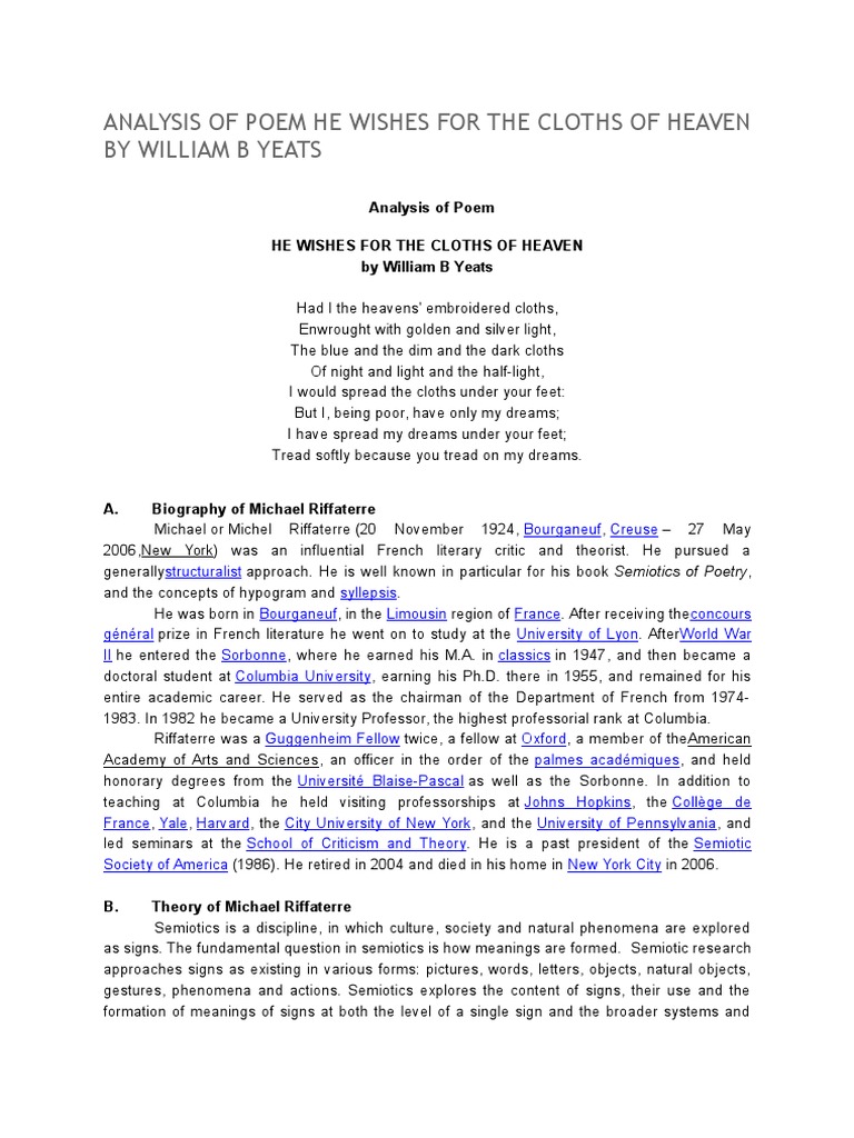 Analysis Of Poem He Wishes For The Cloths Of Heaven By William B Yeats W B Yeats Unionism In Ireland
