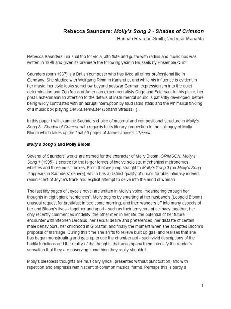 Music Analysis Paper: Rebecca Saunders - Molly's Song 3, Shades of ...