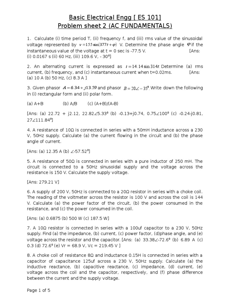 Basic Electrical Engineering Problem Sheet 2 | Series And Parallel ...