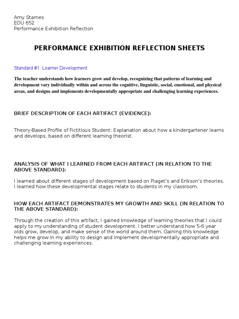 Performance Exhibition Reflection Sheets: Standard #1: Learner ...