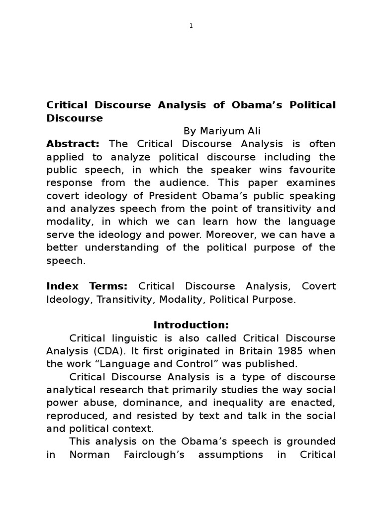 Critical Discourse Analysis of speech of Obama Ideologies Analysis