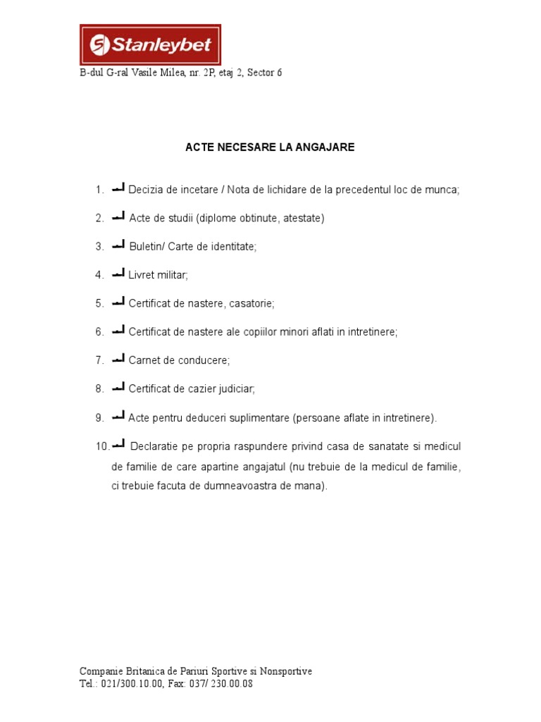 Acte Necesare La Angajare