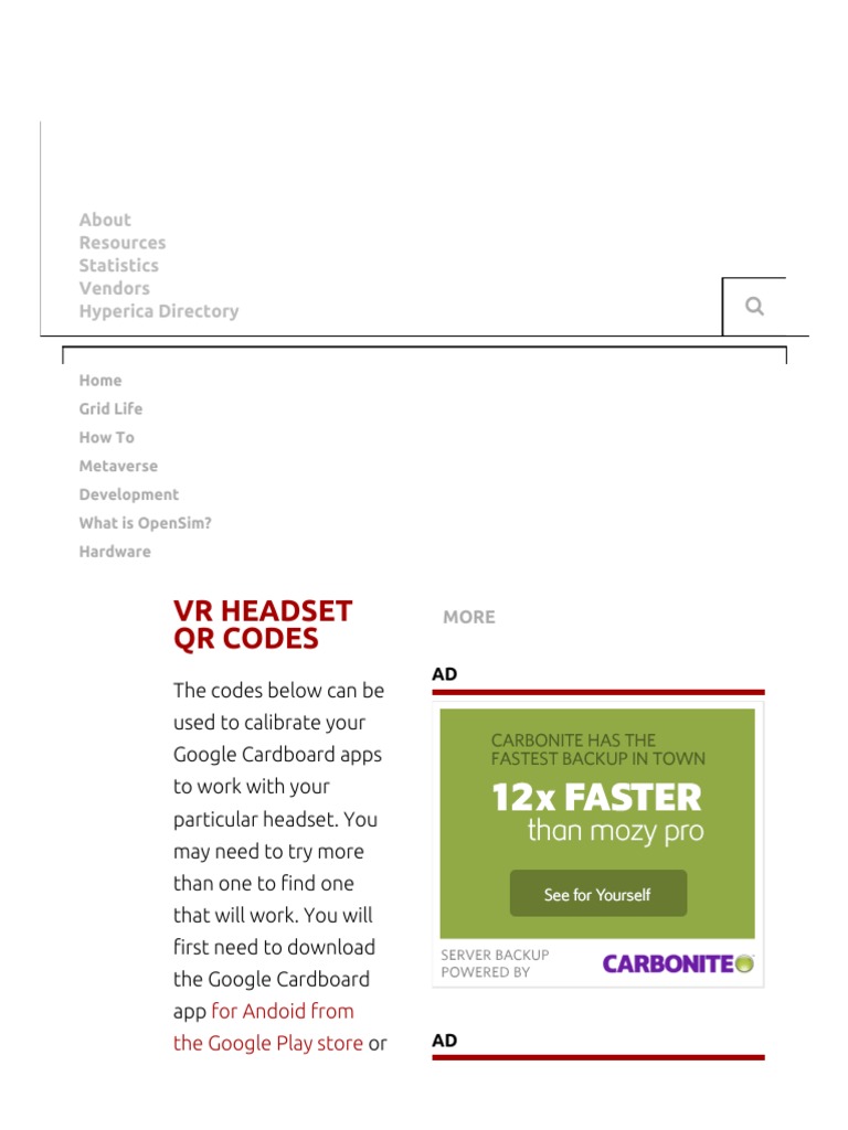 VR Headset QR Codes PDF Virtual Reality Mobile Software