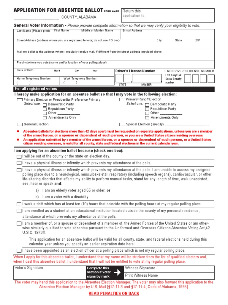 Alabama Absentee Ballot Application Form | PDF | Absentee Ballot ...