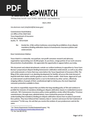 Texas Watch- Written Testimony to Texas Department of Insurance on Arbitration