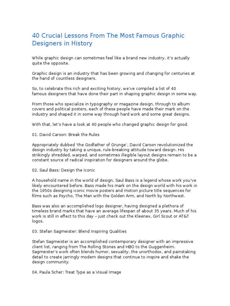 40 Crucial Lessons From The Most Famous Graphic Designers in History PDF Typography Typefaces