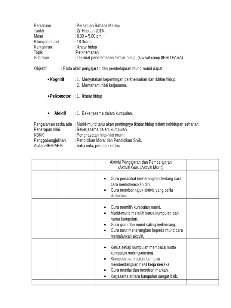 Contoh RPH Persatuan BM | PDF