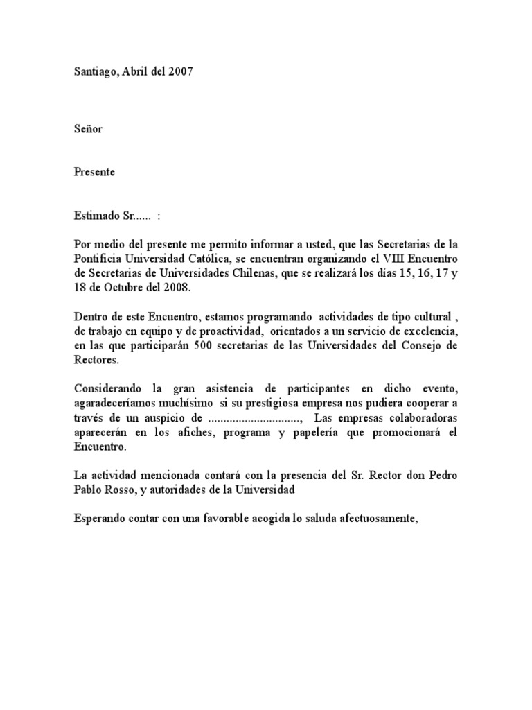 Modelo de Carta para Solicitar Auspicio para Eventos