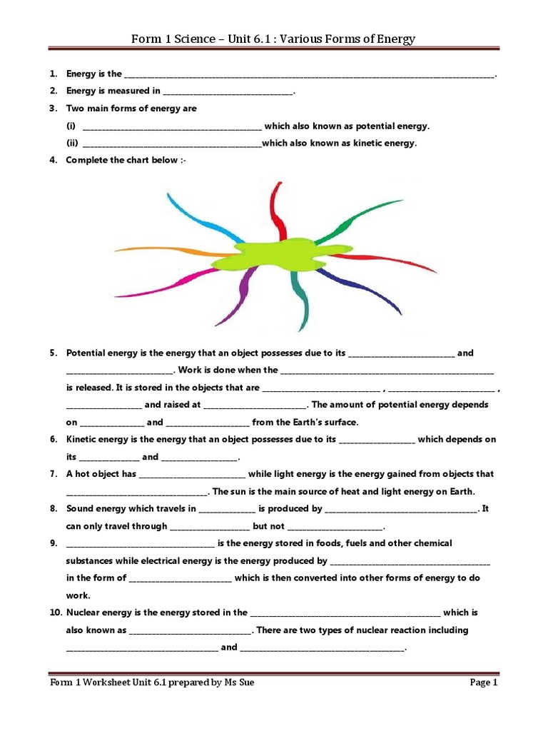 Forms of Energy Worksheet for Grade 4 | PDF