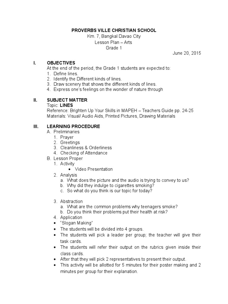 Lesson Plan in Arts Grade 1 PDF Lesson Plan Learning